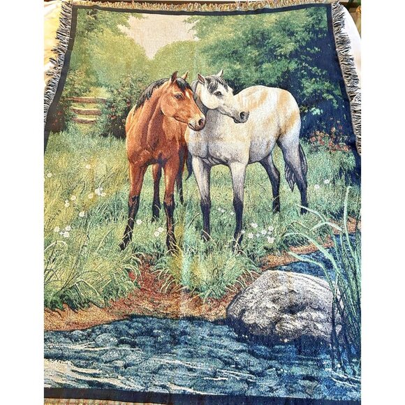 Horses Equestrian Throw Blanket Tapestry Woven Cotton Fringe Signed Picken 67x50 - Picture 2 of 9